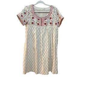 Payal Jain Women’s Boho Embroidered Babydoll Dress Size Large Cream Red Cotton